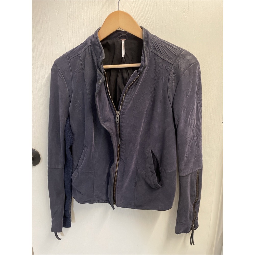 Free People Cool & Clean Moto Jacket Vegan Faux-Suede Knit Side Panels Size 10